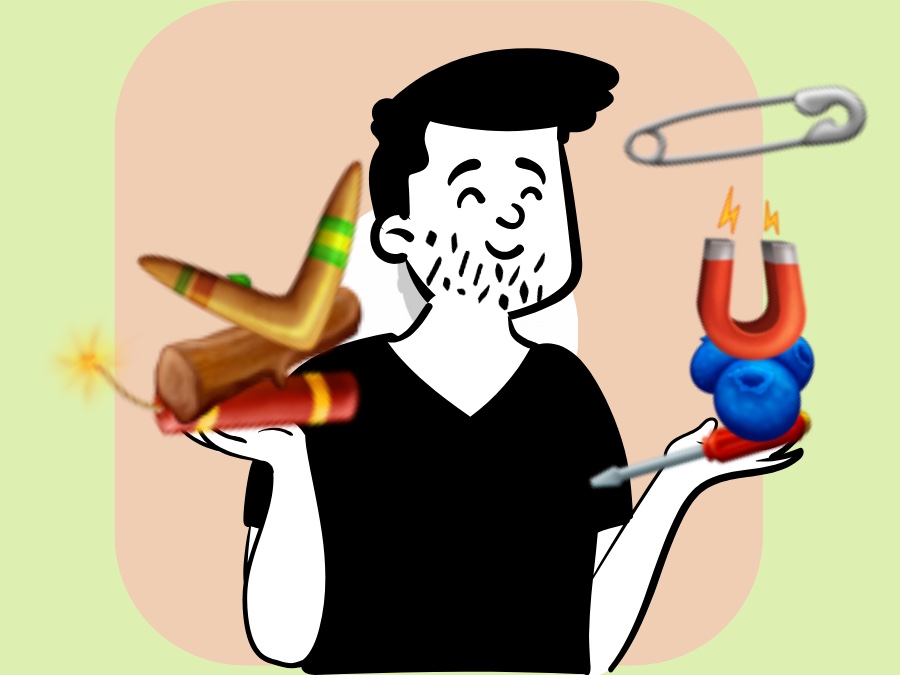 Illustrated avatar of Iiro Tujula holding colorful art and technology objects